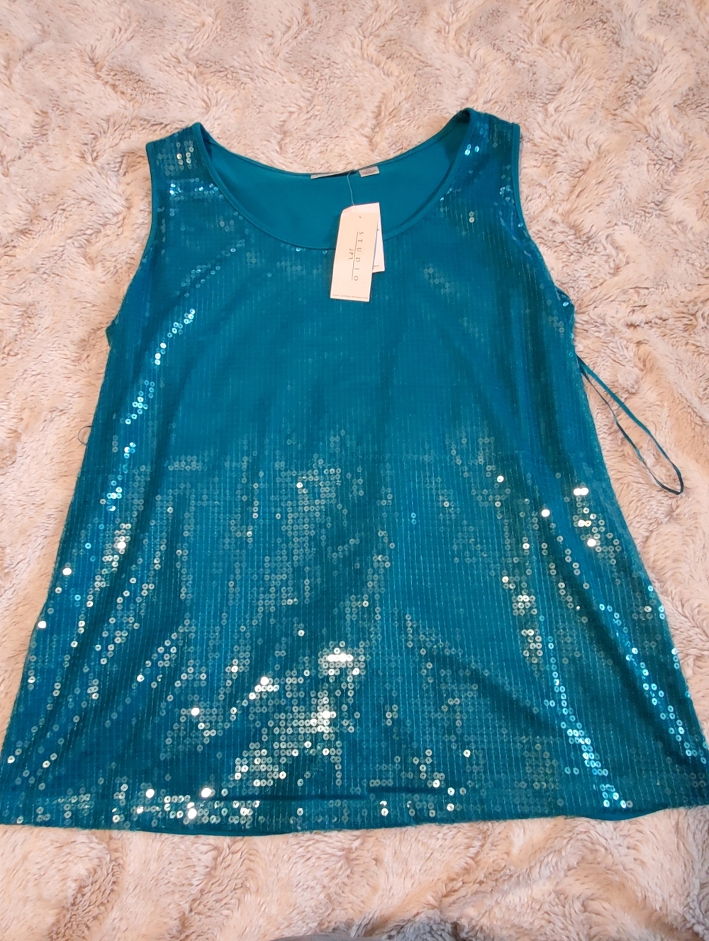 Y2K Studio JPR Teal Blue Women's Sequin Tank Top Scoop Neck Sz XL Mermaidcore